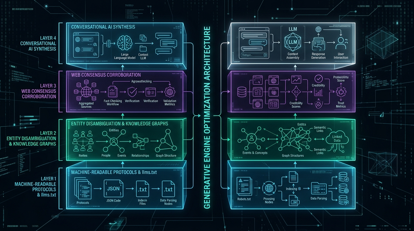 Four-Layer Generative Engine Optimization Architecture: Machine-Readable, Entity Disambiguation, Web Consensus, and Conversational Synthesis