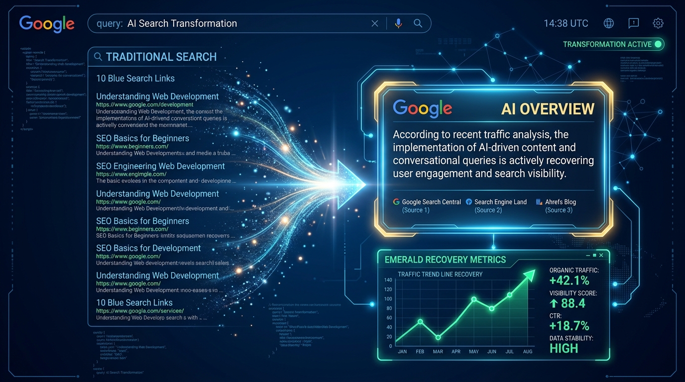 Transition from Traditional 10 Blue Search Links to Google AI Overview Conversational Card with Recovering Traffic Trend