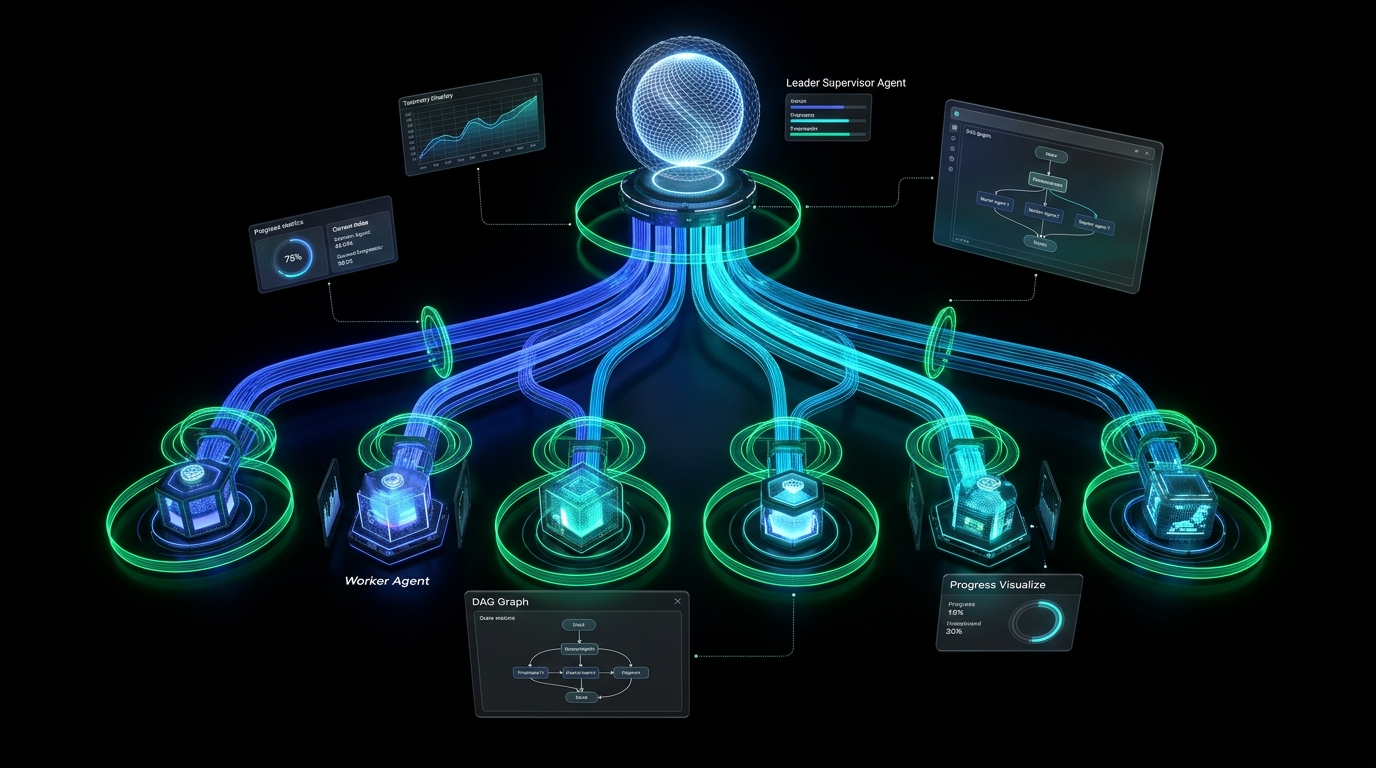 Architectural diagram of a Hierarchical Multi-Agent AI Pipeline with Leader Supervisor and Worker Nodes