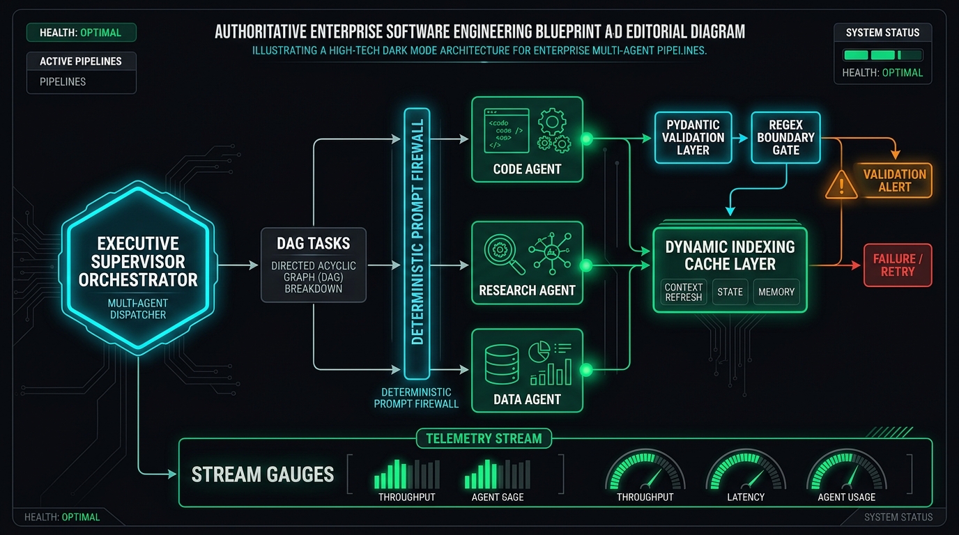 Production multi-agent pipeline architecture showing Executive Supervisor Orchestrator, DAG Tasks, Prompt Firewalls, and Dynamic Indexing Cache Layer