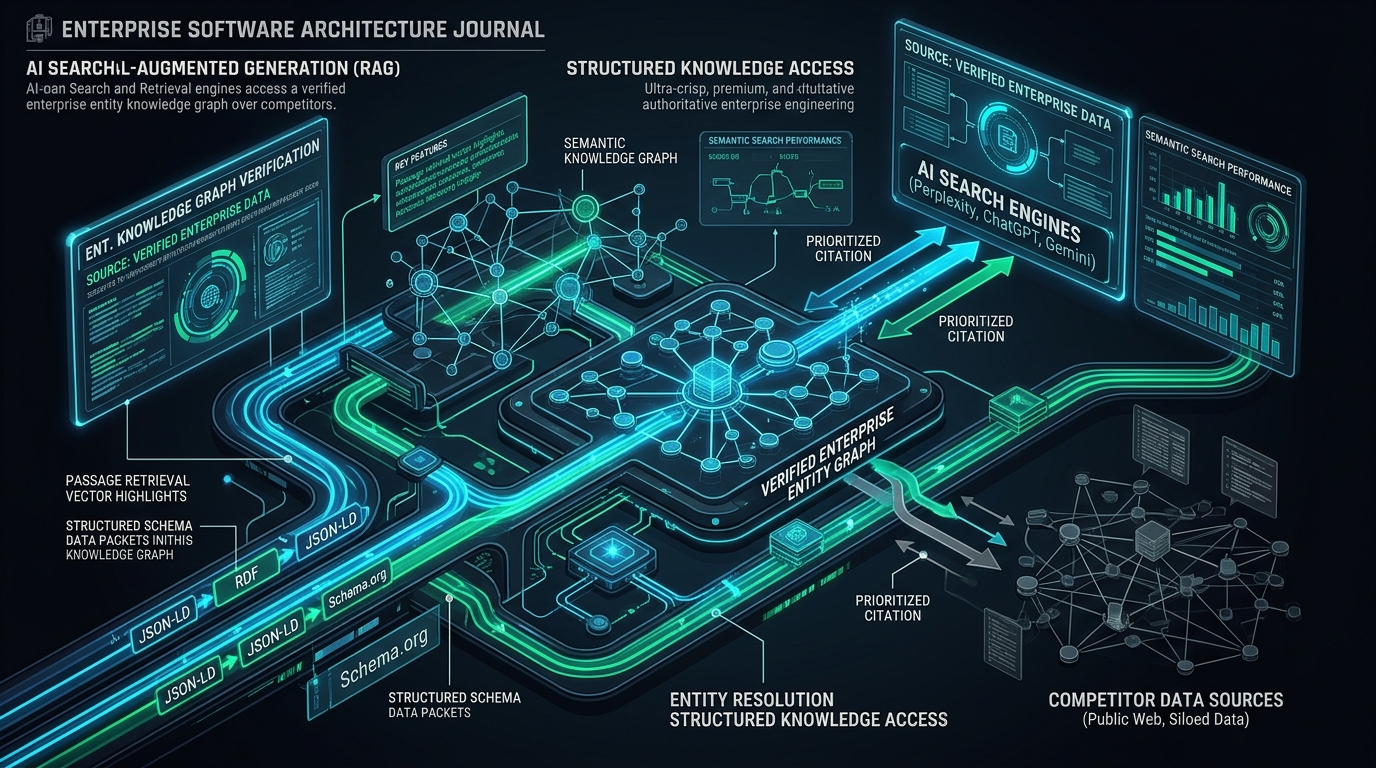 Technical diagram illustrating AI Search and Retrieval engines accessing verified enterprise entity knowledge graphs over competitors
