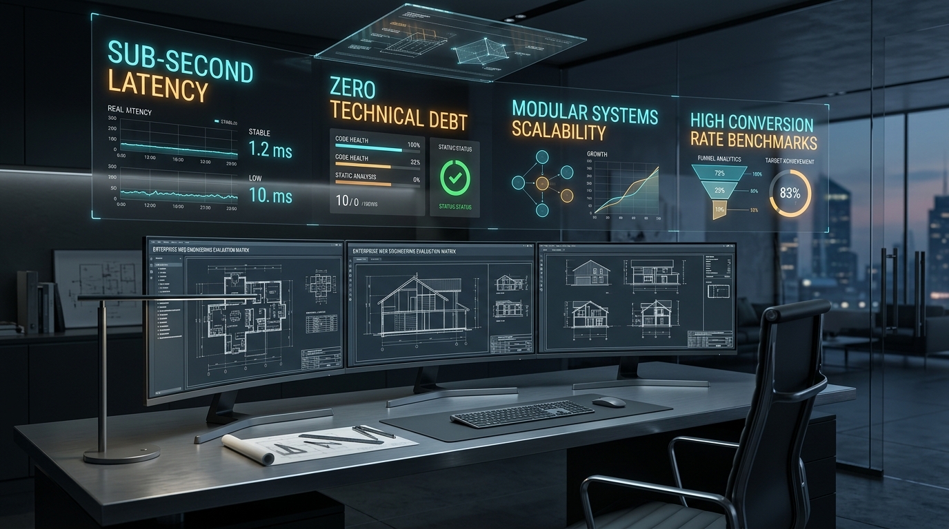Executive Architectural Blueprint Workstation Showing Enterprise Web Engineering Evaluation Matrix
