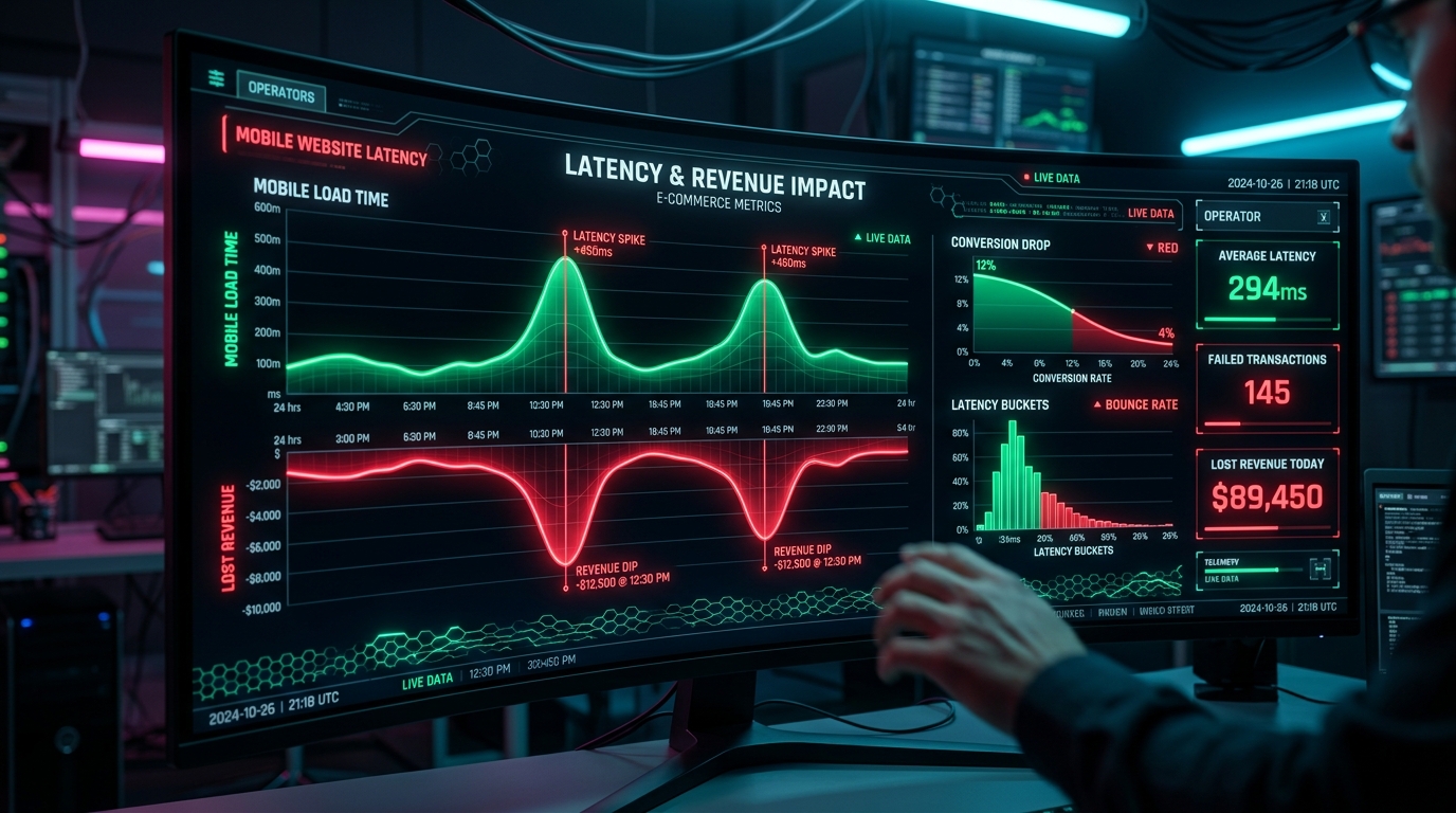 Data Telemetry Dashboard Showing Correlation Between Website Latency and Lost Revenue